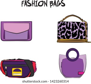 Set of  women's bags. Vector illustration isolated on a white background. Violet and pink colors.
Different types of bags, satchel, saddle, hobo, doctor, clutch, duffel, tote, barrel, suitcase 
