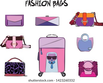 Set of  women's bags. Vector illustration isolated on a white background. Violet and pink colors.
Different types of bags, satchel, saddle, hobo, doctor, clutch, duffel, tote, barrel, suitcase 