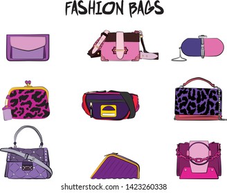 Set of  women's bags. Vector illustration isolated on a white background. Violet and pink colors.
Different types of bags, satchel, saddle, hobo, doctor, clutch, duffel, tote, barrel, suitcase 