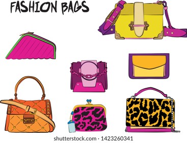 Set of  women's bags. Vector illustration isolated on a white background. Violet and pink colors.
Different types of bags, satchel, saddle, hobo, doctor, clutch, duffel, tote, barrel, suitcase 