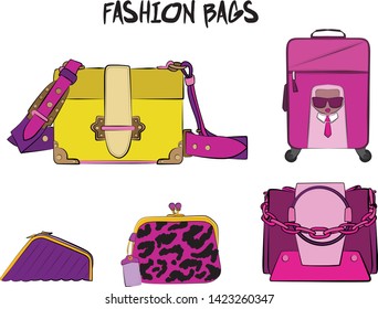 Set of  women's bags. Vector illustration isolated on a white background. Violet and pink colors.
Different types of bags, satchel, saddle, hobo, doctor, clutch, duffel, tote, barrel, suitcase 