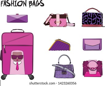Set of  women's bags. Vector illustration isolated on a white background. Violet and pink colors.
Different types of bags, satchel, saddle, hobo, doctor, clutch, duffel, tote, barrel, suitcase 