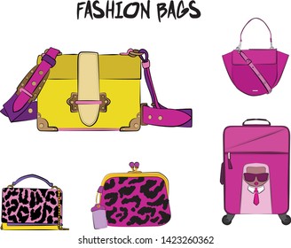 Set of  women's bags. Vector illustration isolated on a white background. Violet and pink colors.
Different types of bags, satchel, saddle, hobo, doctor, clutch, duffel, tote, barrel, suitcase 