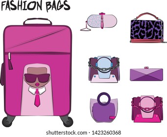 Set of  women's bags. Vector illustration isolated on a white background. Violet and pink colors.
Different types of bags, satchel, saddle, hobo, doctor, clutch, duffel, tote, barrel, suitcase 