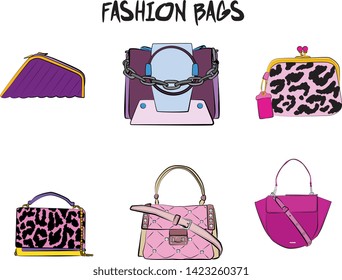 Set of  women's bags. Vector illustration isolated on a white background. Violet and pink colors.
Different types of bags, satchel, saddle, hobo, doctor, clutch, duffel, tote, barrel, suitcase 