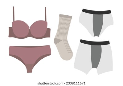 Set of women's bar and bikini, a sock and men's boxers and pair of briefs isolated on empty white background