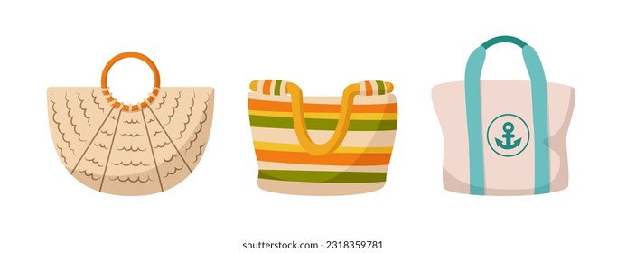 Set of women's beach bags. Fashionable female handbags for going to beach, walking, recreation, vacation, traveling. Canvas, fabric, knitted shoppers. Summer accessory. Vector illustration 