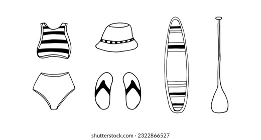 Set of women's beachwear with paddle board.  Hand drawn sketches,  in the style of an art doodle.  illustration with black and white color.