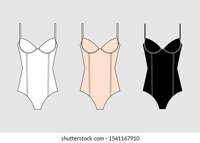 Set of women's bodysuits. Boudoir set. Sets of basic women's underwear. Bra and underpants. Vector illustration.
