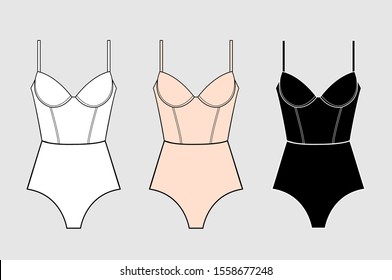Set of women's bodysuits. Boudoir set. Sets of basic women's underwear. Bra and underpants. Vector illustration.