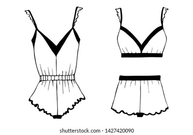 Set of women's bodysuits. Image of home clothes. Pajamas.Image of underwear. Black graphics on white background. For your design and creativity.