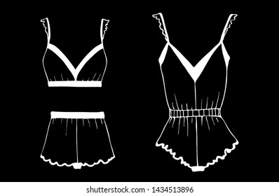 Set of women's bodysuits. The image of home clothes. Pajamas.Image of underwear. White graphics on black background. For your design and creativity.