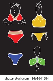Set of women's bodysuits. Image of swimsuits. Dimensional drawing. For your design and creativity. Boudoir set.Swimsuits bright color. Summer set on a black background.