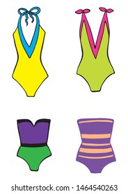 Set of women's bodysuits. Image of swimsuits. Dimensional drawing. For your design and creativity. Boudoir set.Swimsuits bright color. Summer set on a white background.