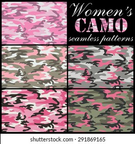 Set of women's camouflage seamless patterns.Pinkish, urban and woodland color scheme.