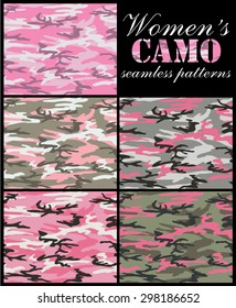 Set of women's camouflage seamless patterns.Pinkish, urban and woodland color scheme.