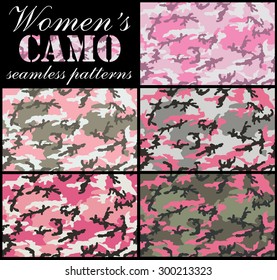 Set of women's camouflage seamless patterns.Pinkish, urban and woodland color scheme.