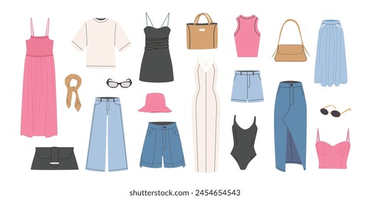 Set of women's casual clothes. Female clothes for summer. Dresses, skirts, shorts, bags, glasses. Color flat vector illustration isolated on white background. Hand-drawn style. 