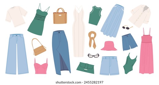 Set of women's casual clothes. Female clothes for summer. Dresses, skirts, shorts, bags, glasses. Color flat vector illustration isolated on white background. Hand-drawn style. 