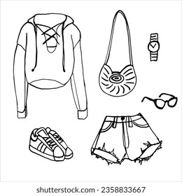 Set of women's casual clothes. Shorts, jacket, sneakers, bag, jewelry,watch, bracelet. Vector hand-drawn. Sketch, template, icon, sketch, logo, clipart