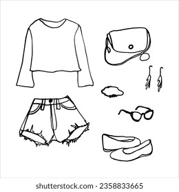 Set of women's casual clothing. Shorts, jacket, shoes, bag, jewelry, bracelet. Vector hand-drawn. Sketch, template, icon, sketch, logo, clipart