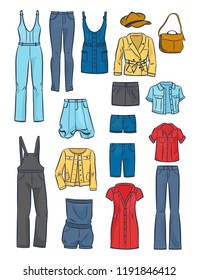 Set of women's casual clothing,overalls, jackets, dresses, shorts, skirts, etc, isolated on white background.