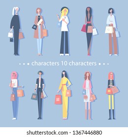 Set of women's characters, shopping . Diverse young women isolated vector illustration