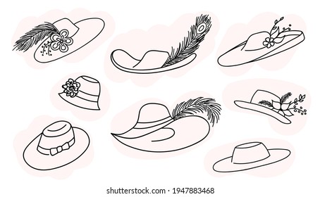 A set of women's classic English hats, a collection of vector illustrations of clothing accessories isolated. Simple lines for website design, magazines, advertising, store, presentation, banner