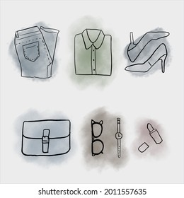 conjunto de ropas de mujeres dibujadas en el vector con color pastel