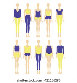 set of women's clothes drawn in the vector. shorts. top. blouse. shirt. pants.