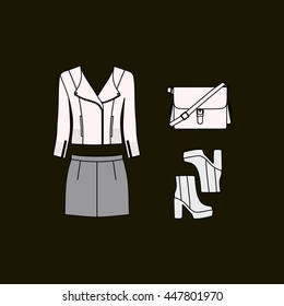 a set of women's clothes drawn in the vector. Leather Jacket. skirt. a bag. shoes with high heels.