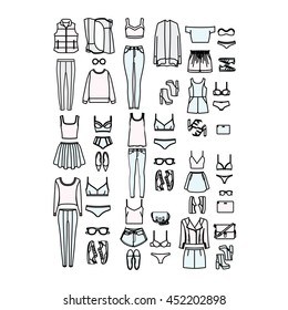set of women's clothes drawn in the vector