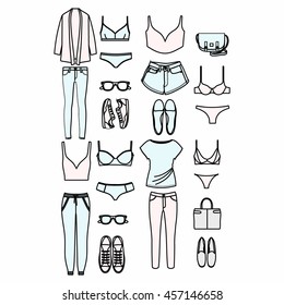 set of women's clothes drawn in the vector