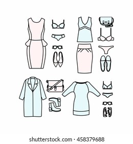 set of women's clothes drawn in the vector