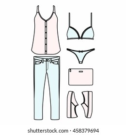 set of women's clothes drawn in the vector
