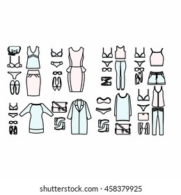 set of women's clothes drawn in the vector