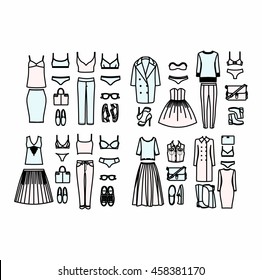 set of women's clothes drawn in the vector