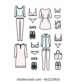 set of women's clothes drawn in the vector