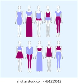set of women's clothes drawn in the vector