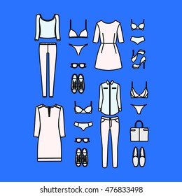 set of women's clothes drawn in the vector