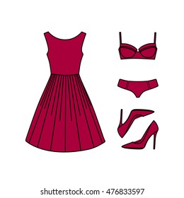 set of women's clothes drawn in the vector