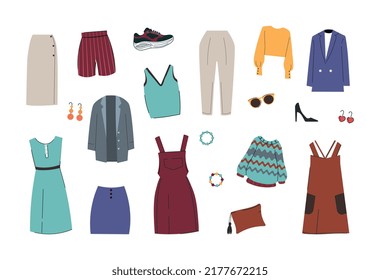 Ropa de mujeres. Vestidos, zapatillas, impermeables y sudaderas. Coloridos armarios para cualquier temporada y tiempo. Moda y estilo. Ilustraciones de caricaturas de vectores planos aisladas en fondo blanco