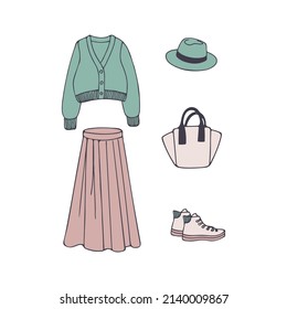 Set of women`s clothes in pastel color. Hand-drawn skirt, cardigan, hat, sneakers and bag. Vector illustration.