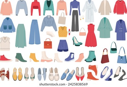 set of women's clothes and shoes in flat style vector