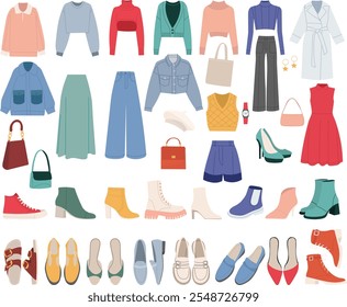 set of women's clothes and shoes in flat style, vector