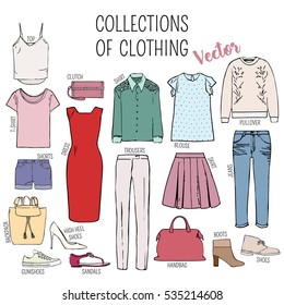 Set of women's clothes, shoes and handbags (top, T-shirt, shorts, backpack, dress, jeans, shirt, trousers, blouse, skirt, handbag, clutch, boots, pullover, sandals, high heel shoes, gumshoes)