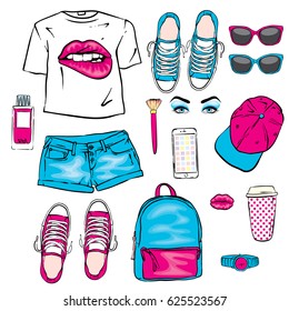 A set of women's clothes. Teenage style. T-shirt with print in the form of lips, backpack, sneakers, watch, smartphone, cap, shorts and perfume bottles. Vector illustration for a postcard or a poster.