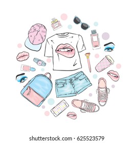 A set of women's clothes. Teenage style. T-shirt with print in the form of lips, backpack, sneakers, watch, smartphone, cap, shorts and perfume bottles. Vector illustration for a postcard or a poster.