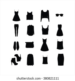 
Set with women's clothing and accessories. Dress. Top . Jumper. Pants. Shoes . Sunglasses . A bag.