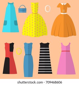 set of womens clothing and accessories in the sixties style, womens dresses, beads, handbag, fashion sixties